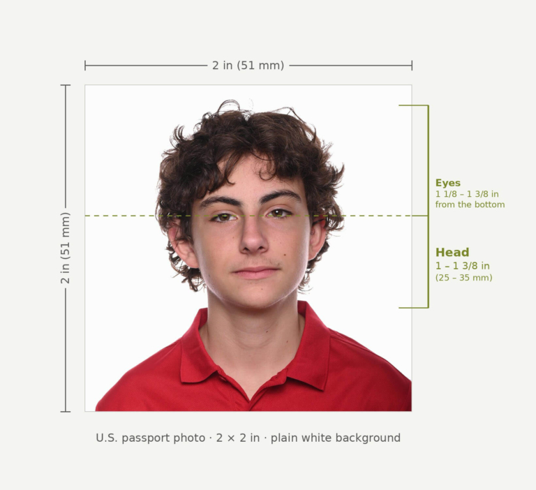 U.S. passport photo of a teenager with guide lines for the 2 x 2 inch size and head position