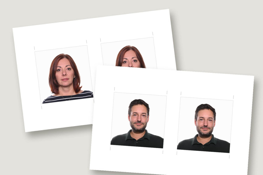 Two 4 x 6 inch prints with two 2 x 2 inch passport photos each, ready to cut